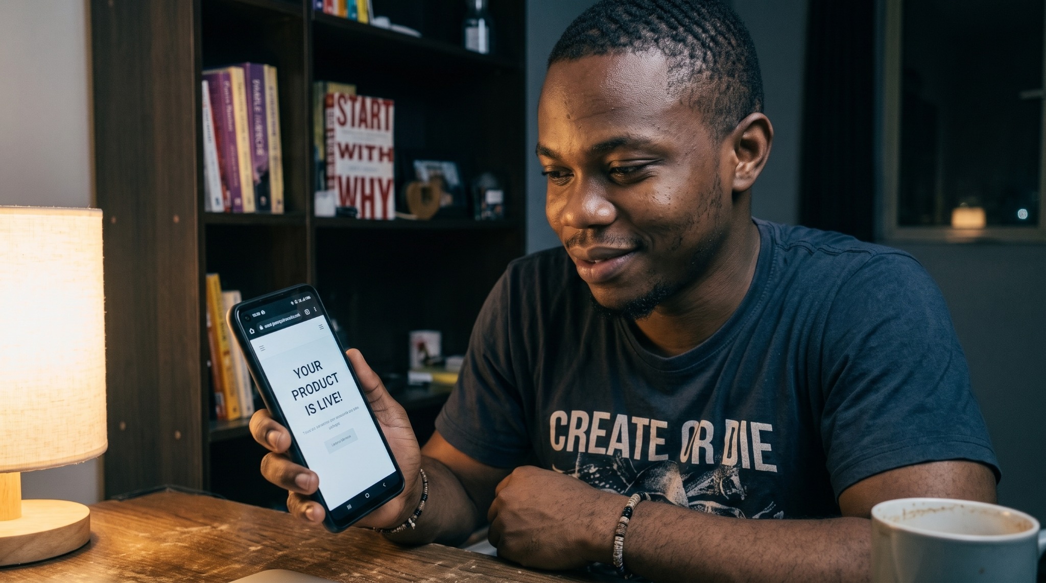 A Nigerian creator looking at a phone showing that his digital product is live