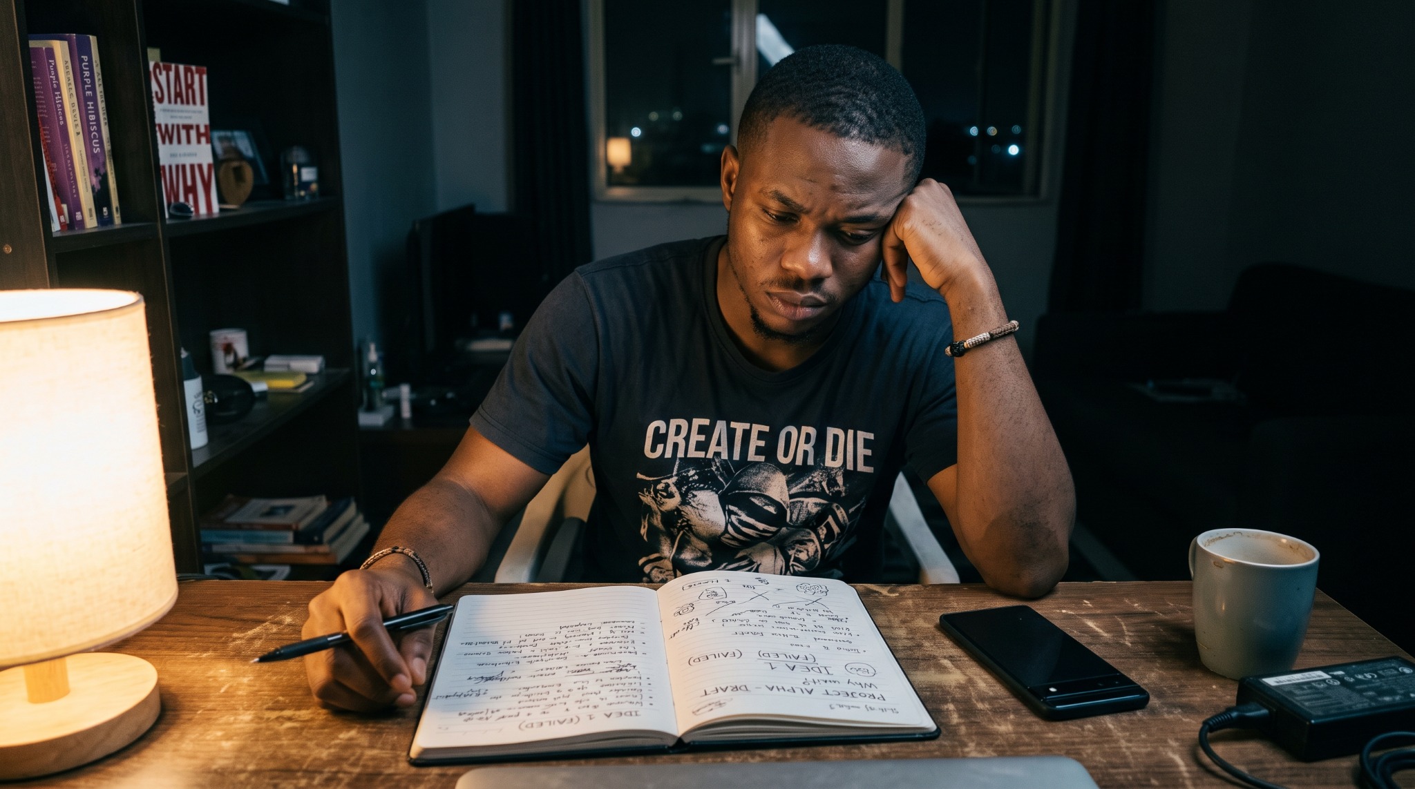 A young Nigerian creator sitting with a notebook, caught between planning and starting