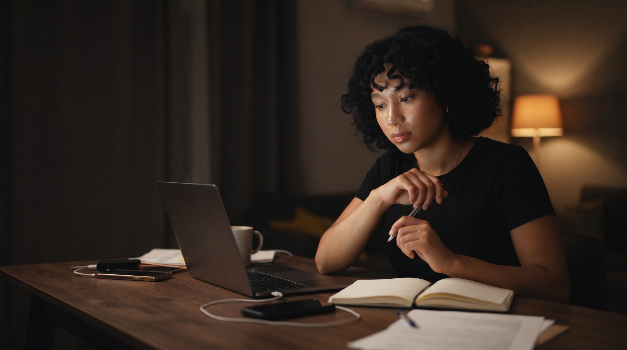 A Nigerian woman sitting at her desk with a laptop and notebook, thinking through her unfinished idea